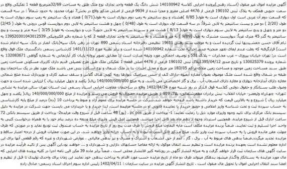 آگهی مزایده شش دانگ یک قطعه واحد تجاری نوع ملک طلق به مساحت 32/69مترمربع قطعه 1 تفکیکی