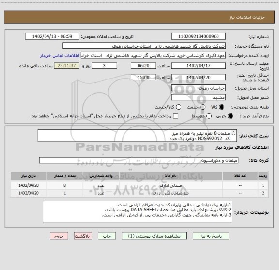 استعلام مبلمان 8 نفره نیلپر به همراه میز 
کد  NOSS920N2 دونفره یک عدد
کد NOSS920N1   یکنفره شش عدد
میز با کد NFOC331  یک عدد