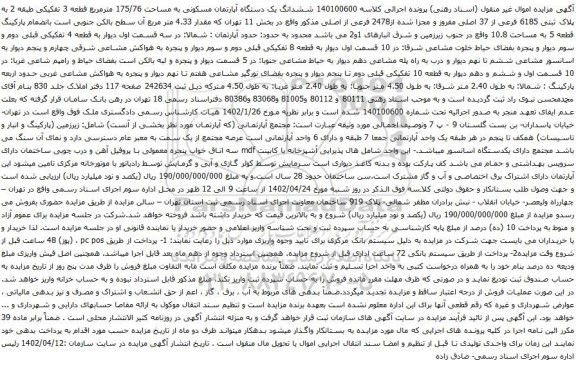 آگهی مزایده ششدانگ یک دستگاه آپارتمان مسکونی به مساحت 175/76 مترمربع قطعه 3 تفکیکی طبقه 2 به پلاک ثبتی 6185 فرعی از 37 اصلی