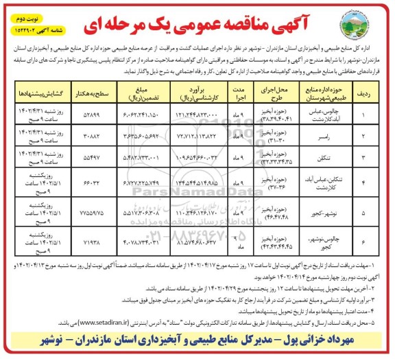 مناقصه علمیات گشت و مراقبت از عرصه منابع طبیعی  ـ نوبت دوم