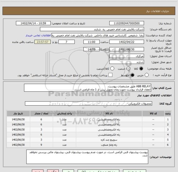 استعلام ABB RELAY طبق مشخصات پیوست.
انعقاد قرارداد پیوست جهت زمان تحویل بیش از 1 ماه الزامی است.