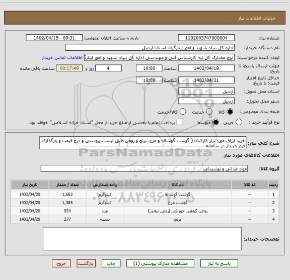 استعلام خرید ارزاق مورد نیاز کارکنان ( گوشت گوساله و مرغ، برنج و روغن طبق لیست پیوستی و درج قیمت و بارگذاری فرم خریدار در سامانه