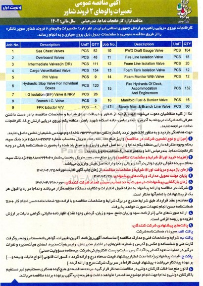 مناقصه تعمیرات والوهای 2 فروند شناور