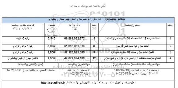 مناقصه احداث مدرسه 12 کلاسه محله 34 ...