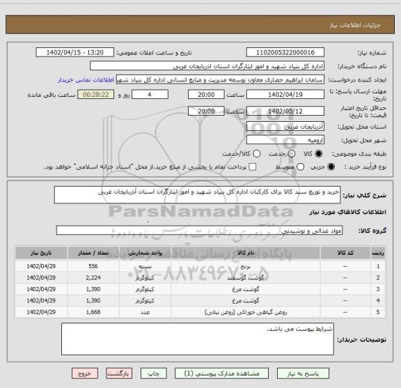 استعلام خرید و توزیع سبد کالا برای کارکنان اداره کل بنیاد شهید و امور ایثارگران استان آذربایجان غربی