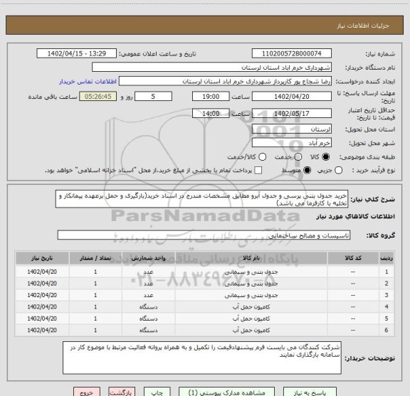 استعلام خرید جدول بتنی پرسی و جدول آبرو مطابق مشخصات مندرج در اسناد خرید(بارگیری و حمل برعهده پیمانکار و تخلیه با کارفرما می باشد)