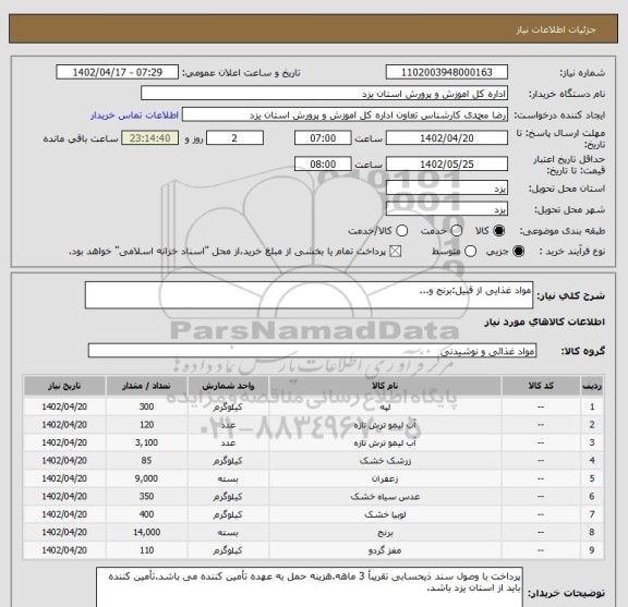 استعلام مواد غذایی از قبیل:برنج و...