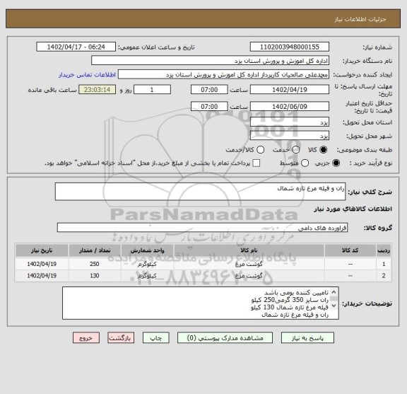 استعلام ران و فیله مرغ تازه شمال