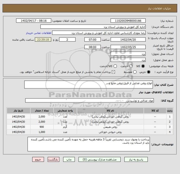 استعلام انواع روغن غذایی از قبیل:روغن مایع و...