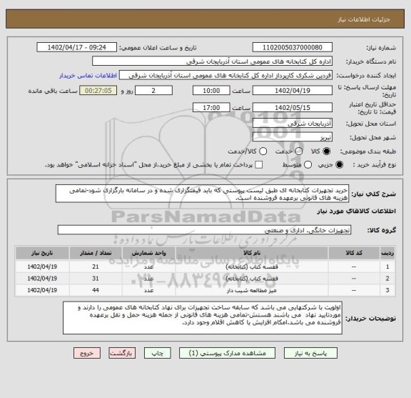 استعلام خرید تجهیزات کتابخانه ای طبق لیست پیوستی که باید قیمتگزاری شده و در سامانه بارگزاری شود-تمامی هزینه های قانونی برعهده فروشنده است.