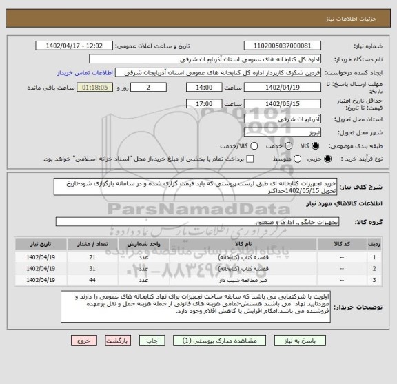 استعلام خرید تجهیزات کتابخانه ای طبق لیست پیوستی که باید قیمت گزاری شده و در سامانه بارگزاری شود-تاریخ تحویل 1402/05/15حداکثر