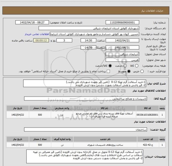 استعلام 1-خرید آسفالت گرم توپکا 12-0  (تامین قیر بعهده شهرداری می باشد.)
2- قیر پاشی و پخش آسفالت بصورت دستی بدون ارزش افزوده