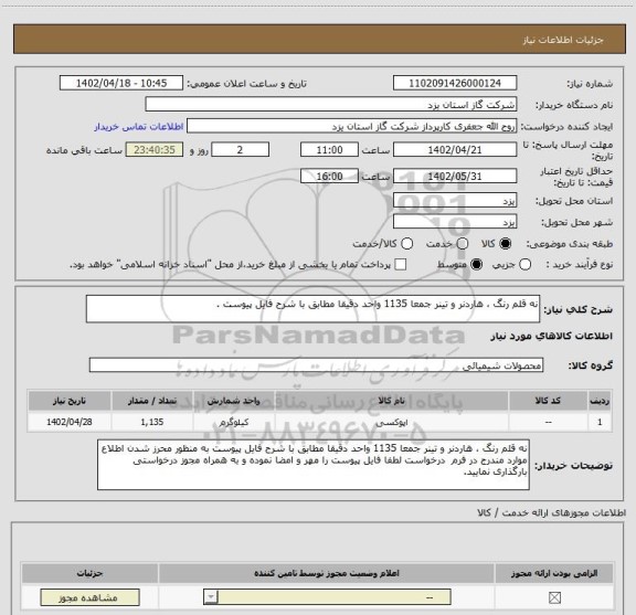 استعلام نه قلم رنگ ، هاردنر و تینر جمعا 1135 واحد دقیقا مطابق با شرح فایل پیوست .