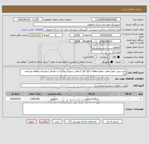 استعلام خرید بیس جهت معابر سطح منطقه و کنار گذر شمالی شهرک بهاران و سعیدفر شهرداری منطقه پنج نجف آباد.