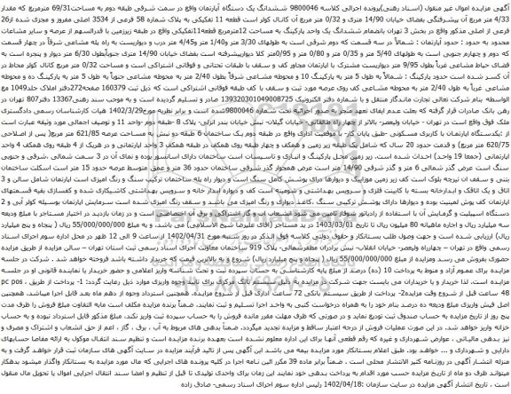 آگهی مزایده ششدانگ یک دستگاه آپارتمان واقع در سمت شرقی طبقه دوم به مساحت69/31 مترمربع که مقدار 4/33 متر مربع