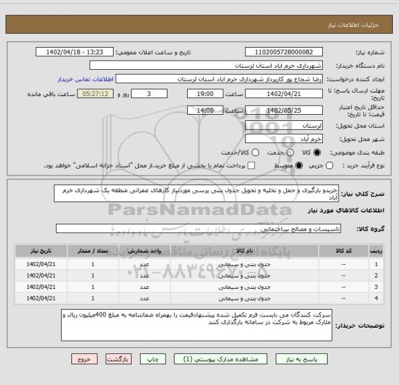 استعلام خریدو بارگیری و حمل و تخلیه و تحویل جدول بتنی پرسی موردنیاز کارهای عمرانی منطقه یک شهرداری خرم آباد