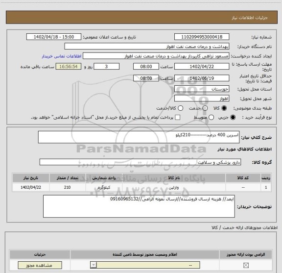 استعلام اسرین 400 درصد-----------210کیلو