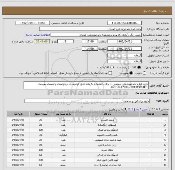 استعلام خرید لوازم دندانپزشکی عمومی 1 برای دانشکده کرمان طبق توضیحات درخواست و لیست پیوست 09131995801 -09132417934