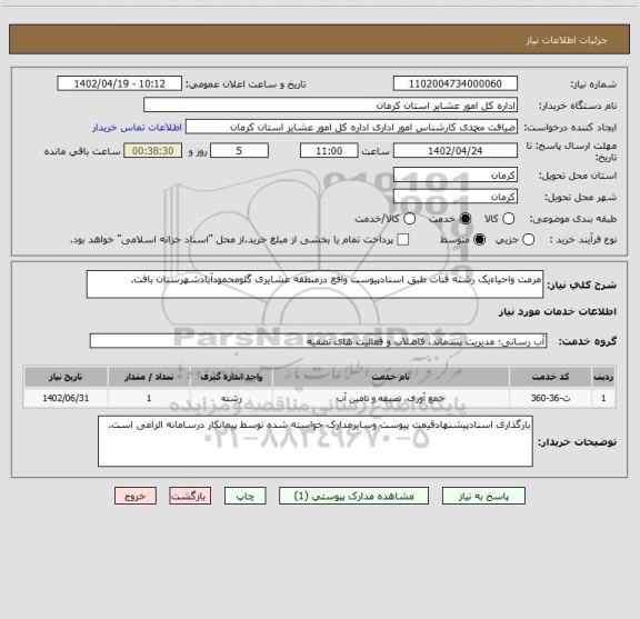 استعلام مرمت واحیاءیک رشته قنات طبق اسنادپیوست واقع درمنطقه عشایری گلومحمودآبادشهرستان بافت.