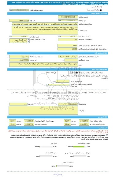 مناقصه، مناقصه عمومی همزمان با ارزیابی (یکپارچه) دو مرحله ای خرید  کنتوربا  مهره ماسوره  آب مولتی جت خشک یا نیمه خشک معادل کلاسC – 1.100دستگاه  در قطر 2/1 (اینچ ) و 100