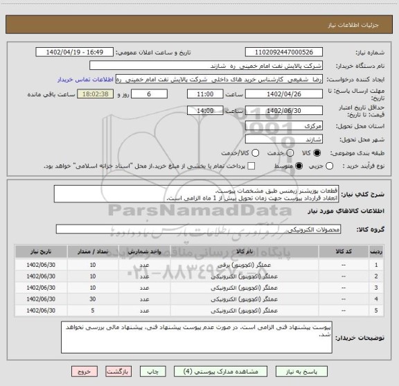 استعلام قطعات پوزیشنر زیمنس طبق مشخصات پیوست.
انعقاد قرارداد پیوست جهت زمان تحویل بیش از 1 ماه الزامی است.