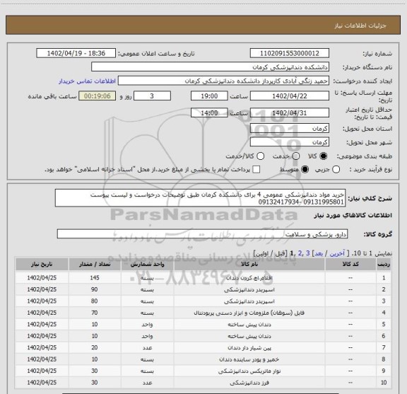 استعلام خرید مواد دندانپزشکی عمومی 4 برای دانشکده کرمان طبق توضیحات درخواست و لیست پیوست 09131995801 -09132417934