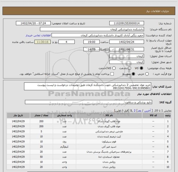 استعلام خرید مواد تخصصی 2 دندانپزشکی جهت دانشکده کرمان طبق توضیحات درخواست و لیست پیوست 09131995801 -09132417934