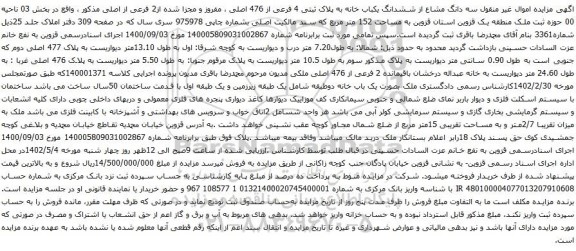 آگهی مزایده سه دانگ مشاع از ششدانگ یکباب خانه به پلاک ثبتی 4 فرعی از 476 اصلی ، مفروز و مجزا شده از2 فرعی از اصلی