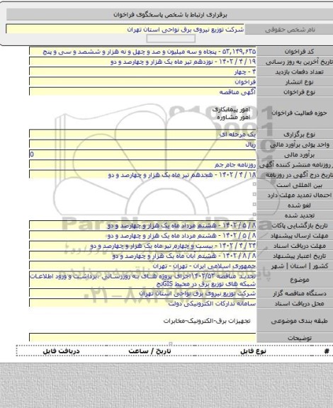 مناقصه, تجدید مناقصه ۱۴۰۲/۵۳اجرای پروژه های به روزرسانی ،برداشت و ورود اطلاعات شبکه های توزیع برق در محیط GISتج