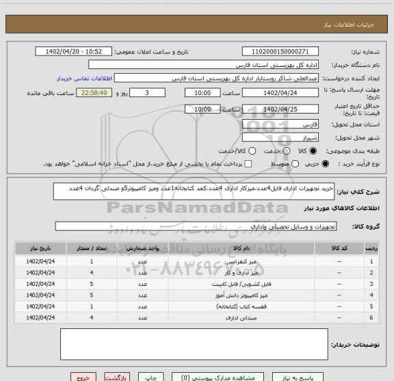 استعلام خرید تجهیزات اداری فایل4عدد،میزکار اداری 4عدد،کمد کتابخانه1عدد ومیز کامپیوتر5و صندلی گردان 4عدد