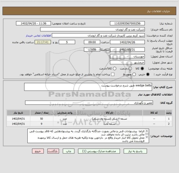 استعلام wedge belts طبق شرح درخواست پیوست