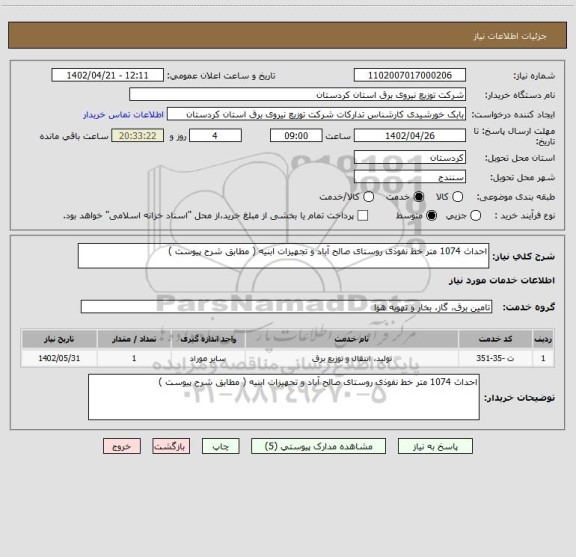 استعلام احداث 1074 متر خط نفوذی روستای صالح آباد و تجهیزات ابنیه ( مطابق شرح پیوست )