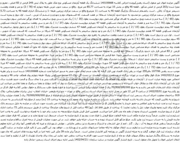 آگهی مزایده ششدانگ یک قطعه آپارتمان مسکونی نوع ملک طلق به پلاک ثبتی 249 فرعی از 83 اصلی ، مفروز و مجزا شده از203 فرعی از اصلی