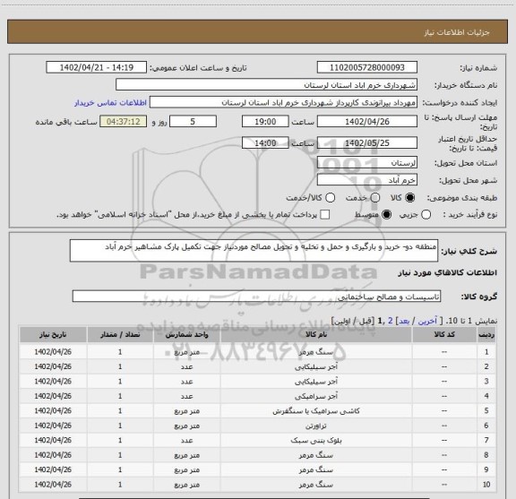 استعلام منطقه دو- خرید و بارگیری و حمل و تخلیه و تحویل مصالح موردنیاز جهت تکمیل پارک مشاهیر خرم آباد