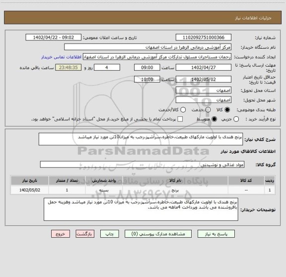 استعلام برنج هندی با اولویت مارکهای طبیعت،خاطره،سرآشپز،رجب به میزان10تن مورد نیاز میباشد