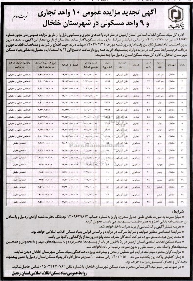 تجدید مزایده فروش 10 واحد تجاری و 9 واحد مسکونی 