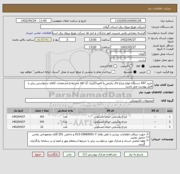 استعلام خرید 457 دستگاه انواع چراغ لاک پشتی با لامپ//ایران کد کالا مشابه و مشخصات کالای درخواستی برابر با فایل پیوست می باشد.