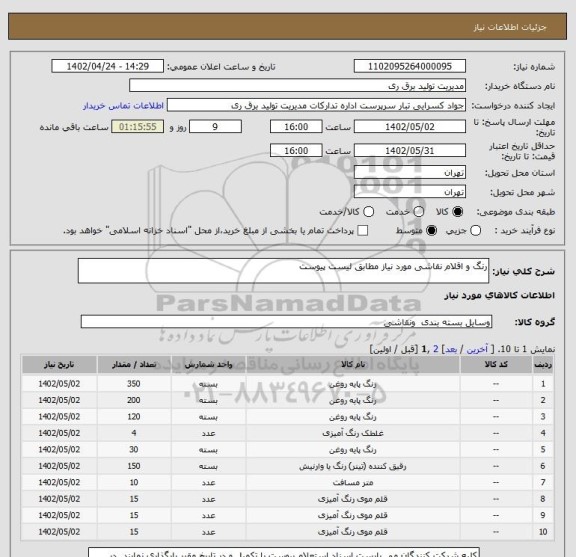 استعلام رنگ و اقلام نقاشی مورد نیاز مطابق لیست پیوست