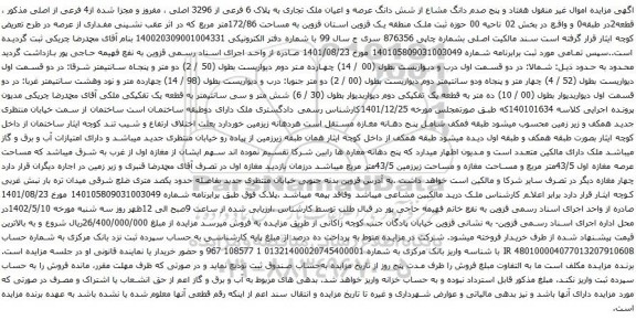 آگهی مزایده هفتاد و پنج صدم دانگ مشاع از شش دانگ عرصه و اعیان ملک تجاری به پلاک 6 فرعی از 3296 اصلی 