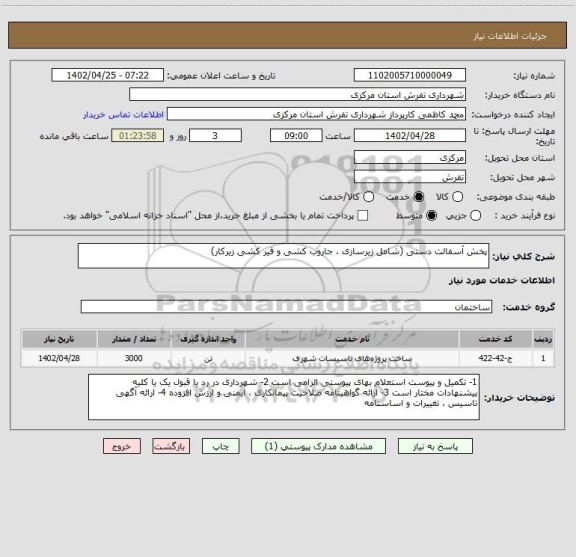 استعلام پخش آسفالت دستی (شامل زیرسازی ، جاروب کشی و قیر کشی زیرکار)