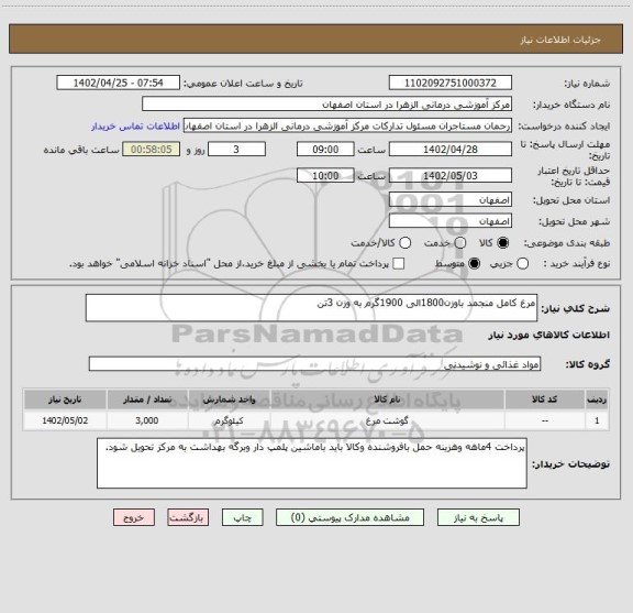 استعلام مرغ کامل منجمد باوزن1800الی 1900گرم به وزن 3تن