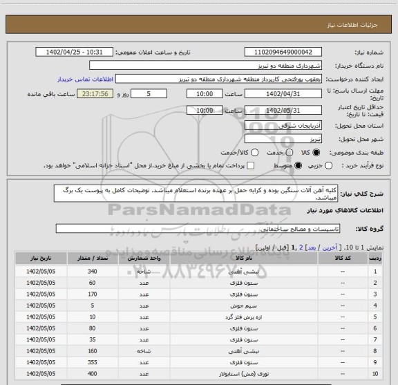 استعلام کلیه آهن آلات سنگین بوده و کرایه حمل بر عهده برنده استعلام میباشد. توضیحات کامل به پیوست یک برگ میباشد.