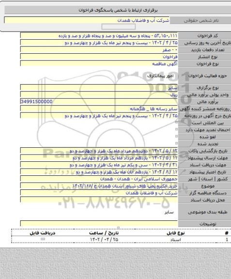 مناقصه, خرید الکترو پمپ های شناور استان همدان  ع /۱۴۰۲/۱۶۶