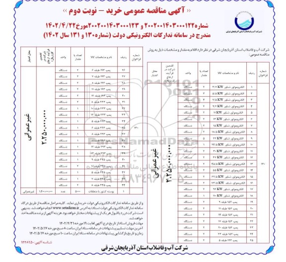 مناقصه خرید الکتروموتور شناور و... نوبت دوم