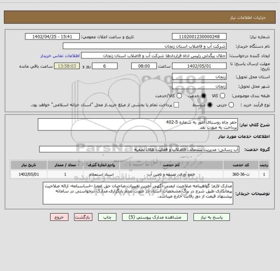 استعلام حفر چاه روستای آغور به شماره 5-402
پرداخت به صورت نقد