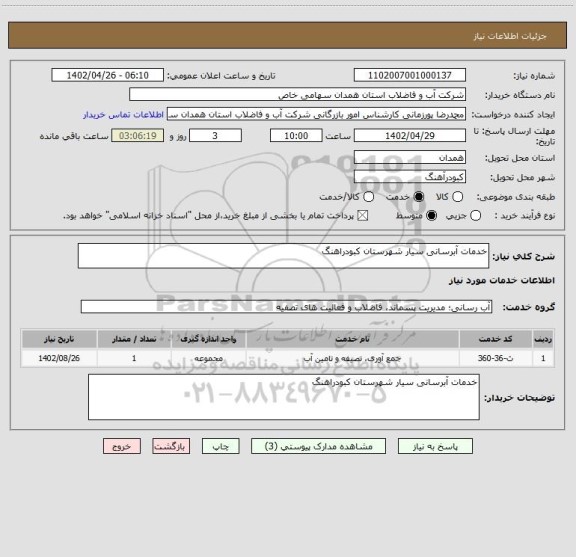 استعلام خدمات آبرسانی سیار شهرستان کبودراهنگ