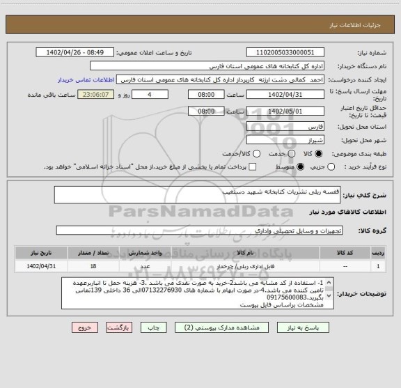 استعلام قفسه ریلی نشریات کتابخانه شهید دستغیب