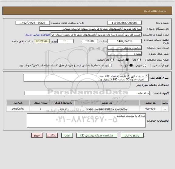 استعلام ساخت قبور یک طبقه به تعداد 200 عدد
اجرای جدول 35 سانت 100 متر طول و...