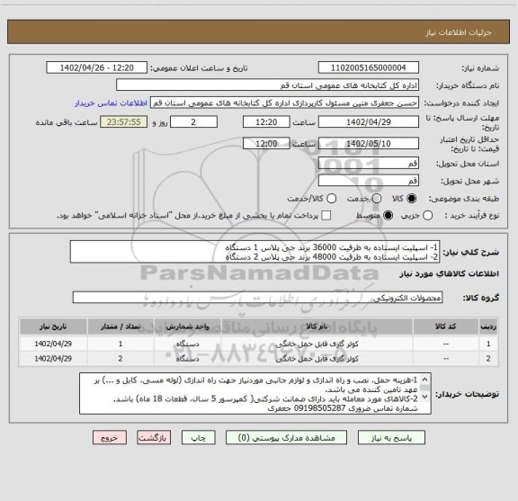 استعلام 1- اسپلیت ایستاده به ظرفیت 36000 برند جی پلاس 1 دستگاه
2- اسپلیت ایستاده به ظرفیت 48000 برند جی پلاس 2 دستگاه