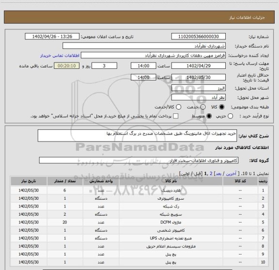 استعلام خرید تجهیزات اتاق مانیتورینگ طبق مشخصات مندرج در برگ استعلام بها